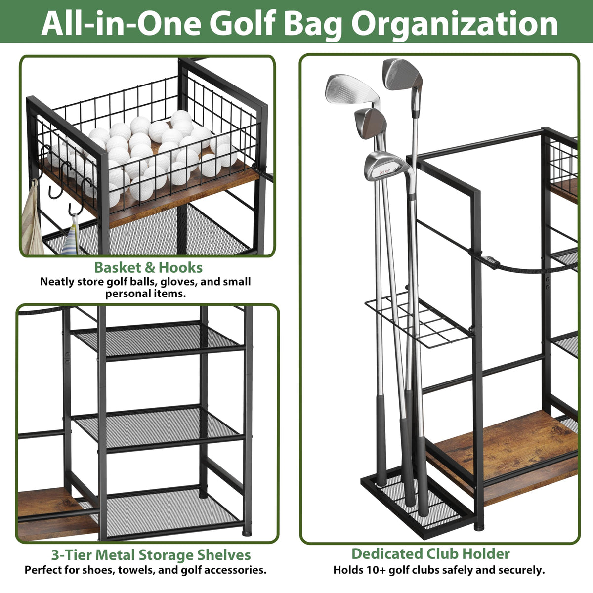 Side rack holds up to 10 clubs for easy access during practice.