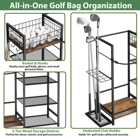 Side rack holds up to 10 clubs for easy access during practice.