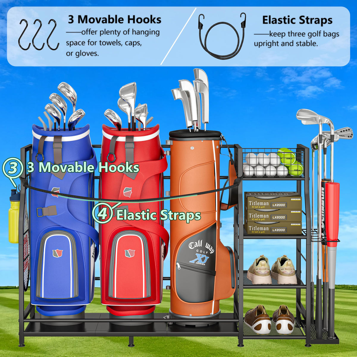 Jsskeeim Golf Bag Stand with mesh basket storing balls and accessories