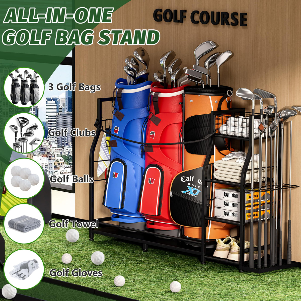 Jsskeeim Golf Bag Stand with S-hooks for towels and gloves