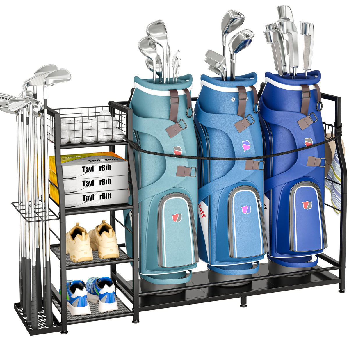 Jsskeeim Golf Bag Stand front view showing three-bag capacity for garage organization