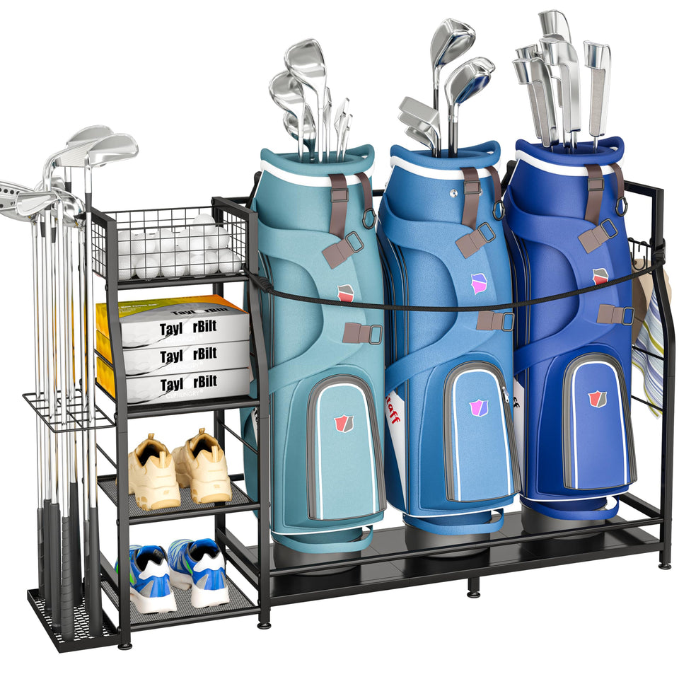 Jsskeeim Golf Bag Stand front view showing three-bag capacity for garage organization