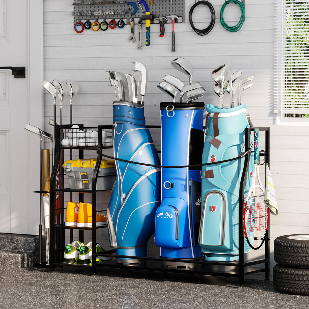 Jsskeeim Golf Bag Stand S-hooks and accessories ready for use
