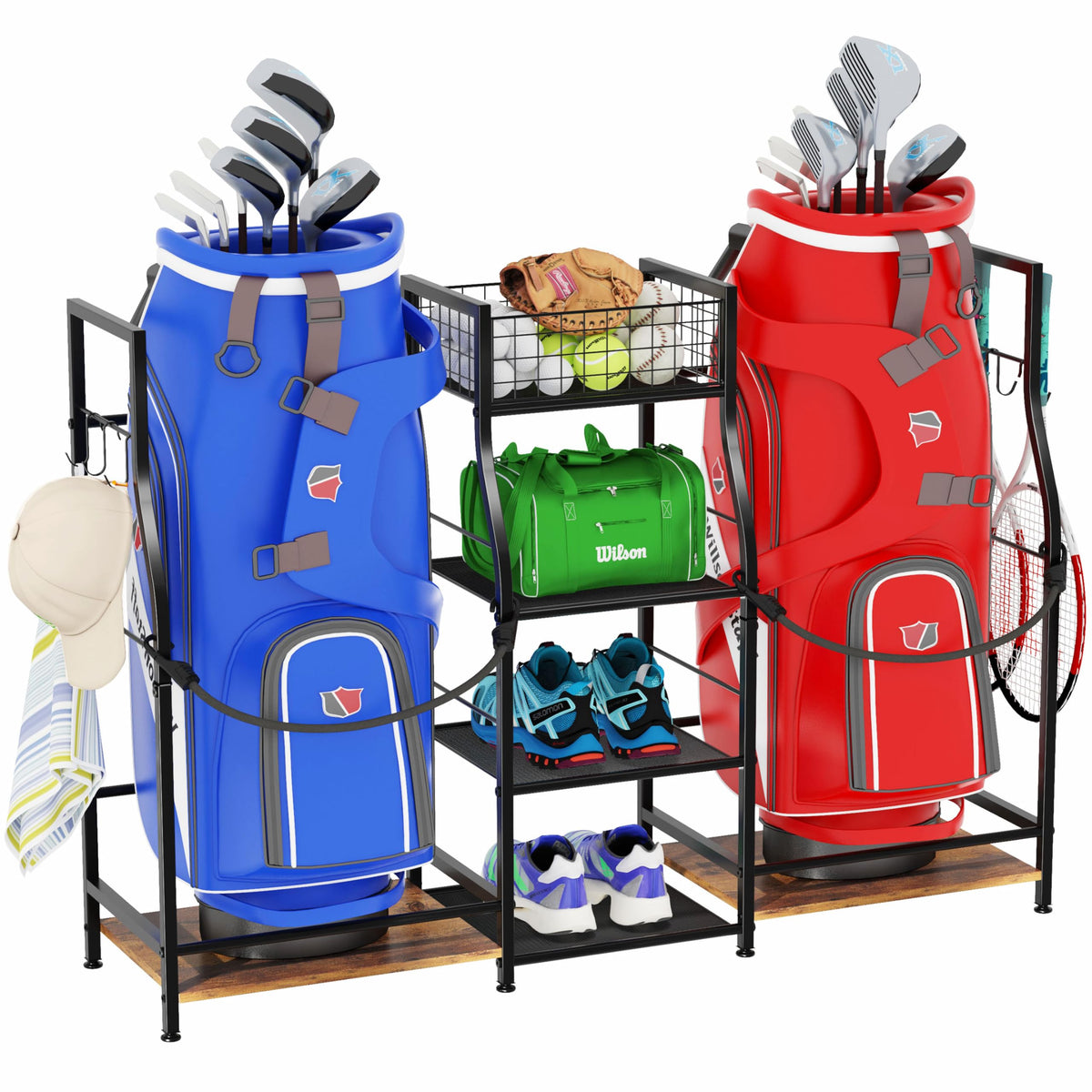 Jsskeeim golf bag storage organizer with secure side shelves holds two bags upright.