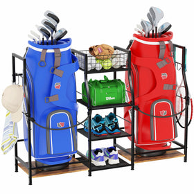 Jsskeeim golf bag storage organizer with secure side shelves holds two bags upright.