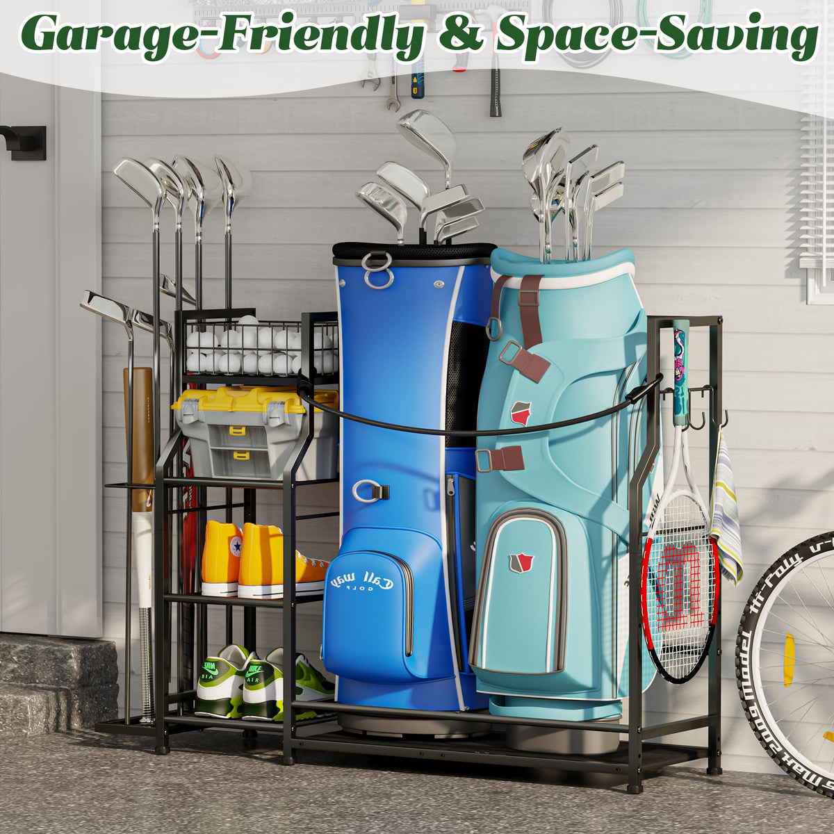 Jsskeeim golf bag storage rack assembly for quick, tool-free setup.