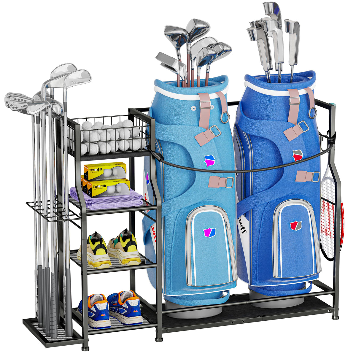 Jsskeeim golf bag storage rack frame and base provide sturdy, stable organization.