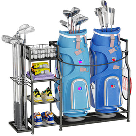 Jsskeeim golf bag storage rack frame and base provide sturdy, stable organization.