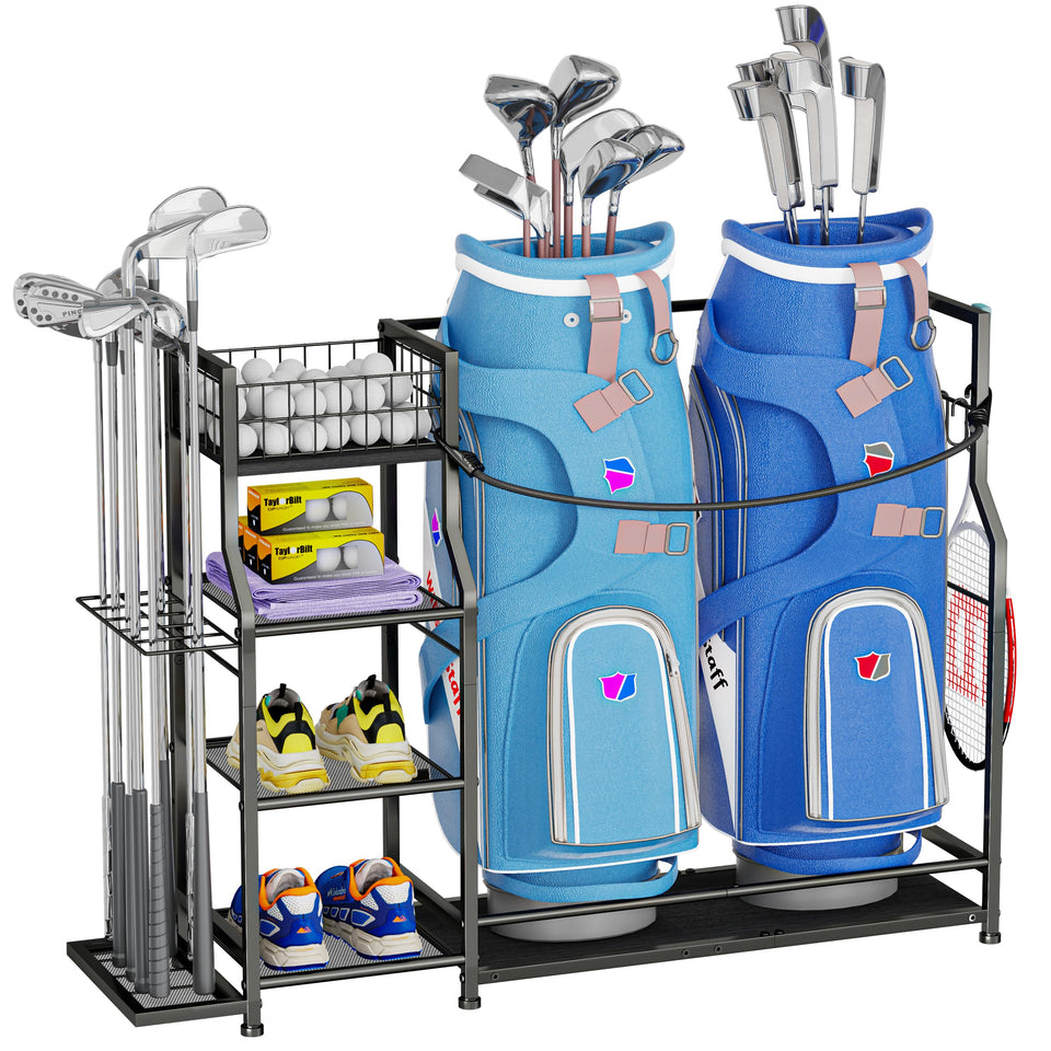 Jsskeeim golf bag storage rack frame and base provide sturdy, stable organization.
