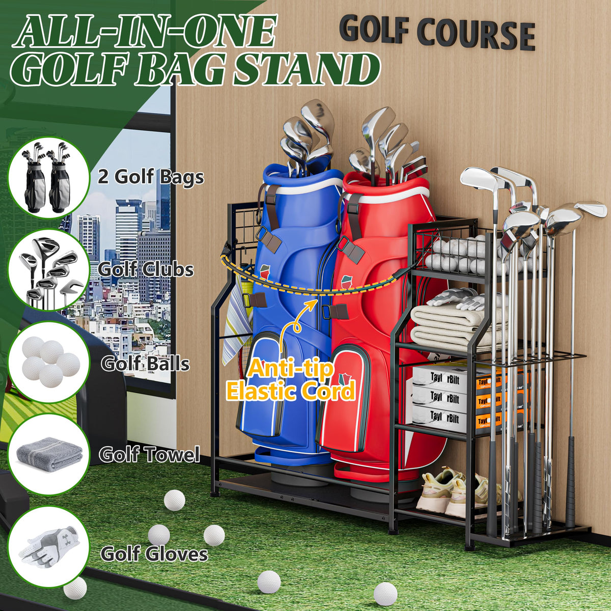 Jsskeeim golf bag storage rack metal mesh basket stores balls and gear neatly.