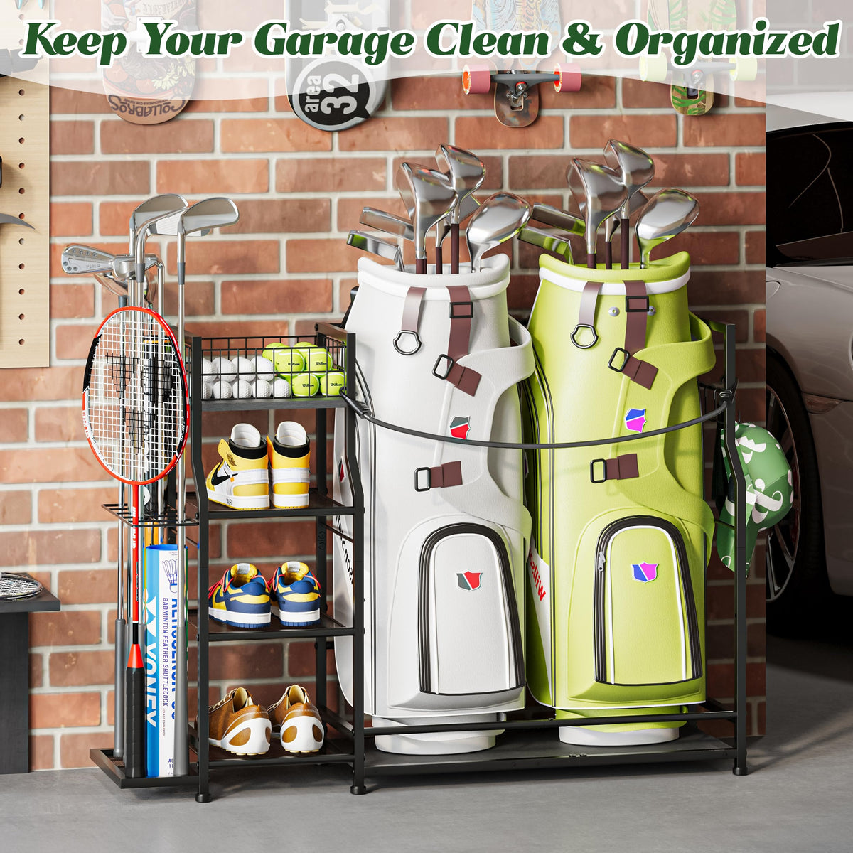 Jsskeeim golf bag storage rack S-hooks store towels, gloves, and caps.