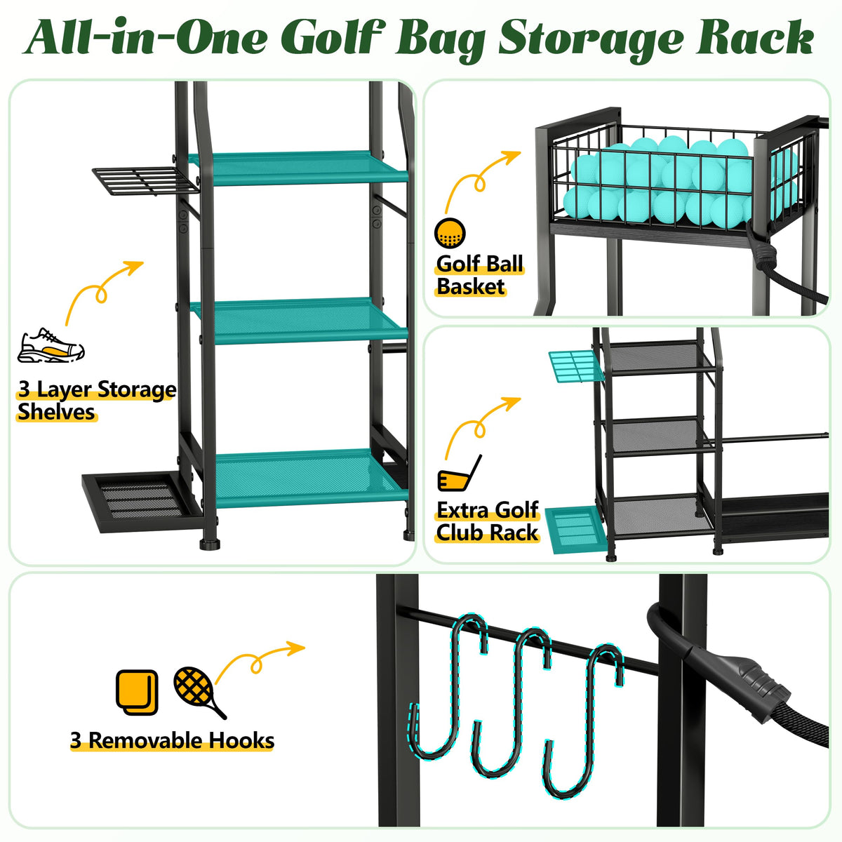 Jsskeeim golf bag storage rack side club holder keeps clubs within easy reach.
