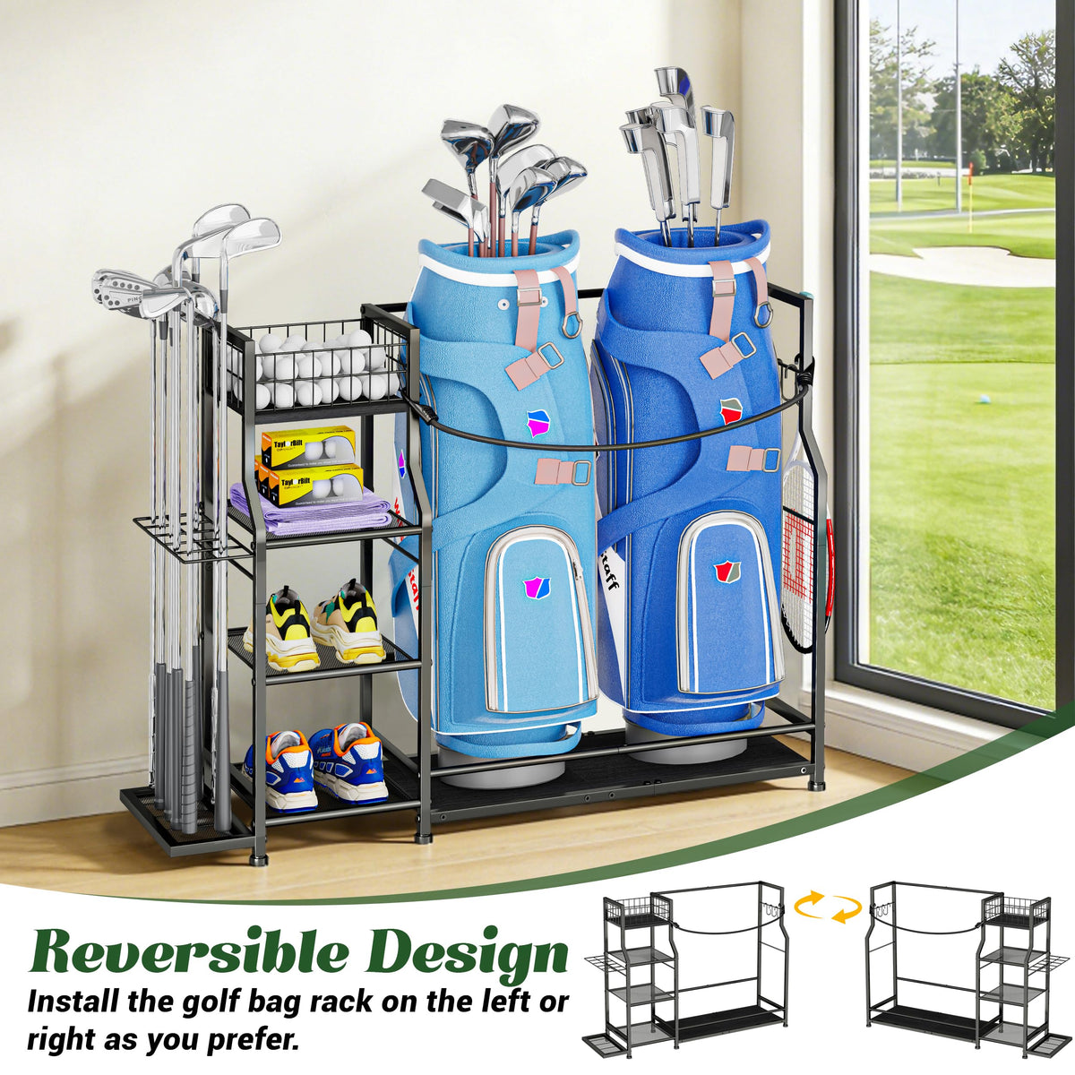 Jsskeeim golf bag storage rack holds two bags side by side.