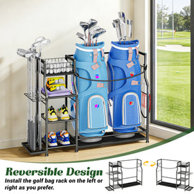 Jsskeeim golf bag storage rack holds two bags side by side.