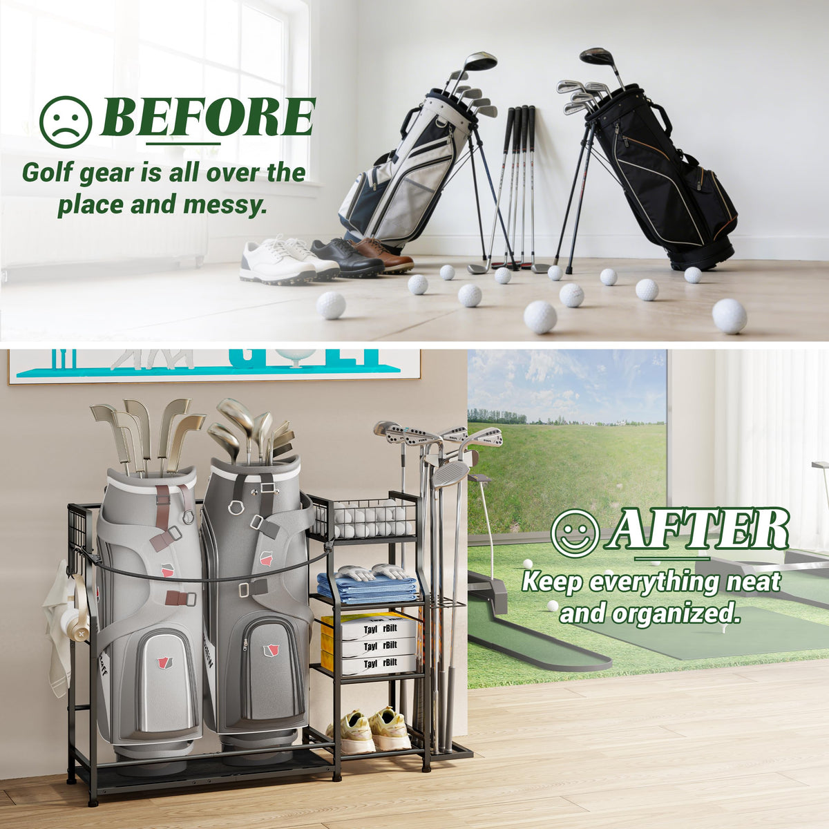 Jsskeeim golf bag storage rack wood base prevents sagging and adds durability.