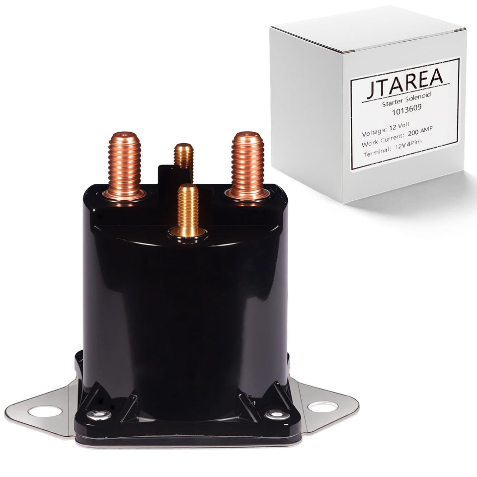 JTAREA 1013609 starter solenoid front view highlights compact 12V design for quick installation.
