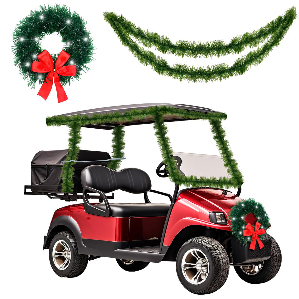 Juinte Christmas golf cart garland 32ft wrapped around roof rails for curb appeal.