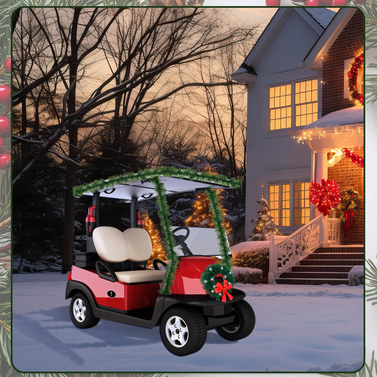 Juinte garland wrapped around roof supports for seamless exterior coverage.
