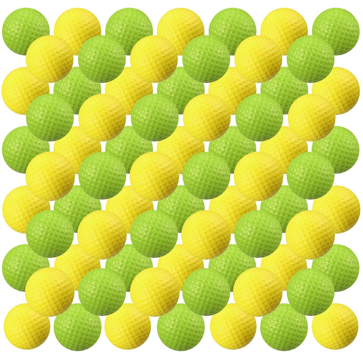Junkin foam golf balls pack in yellow and green for easy practice and visibility.