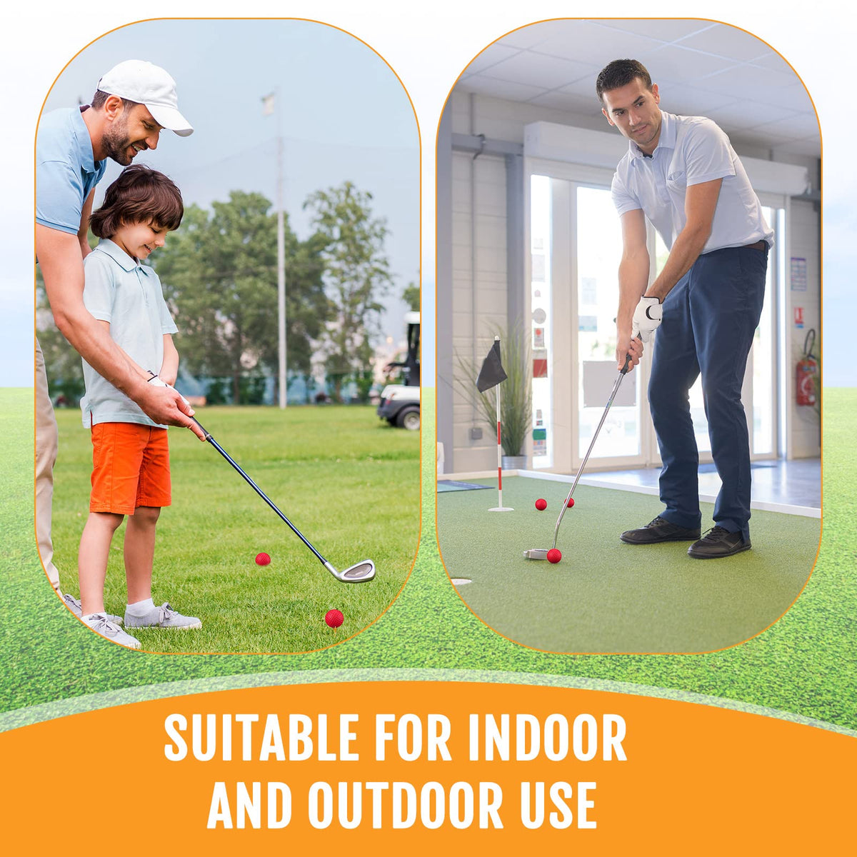 Junkin foam golf balls in bright color improve visibility on grass.