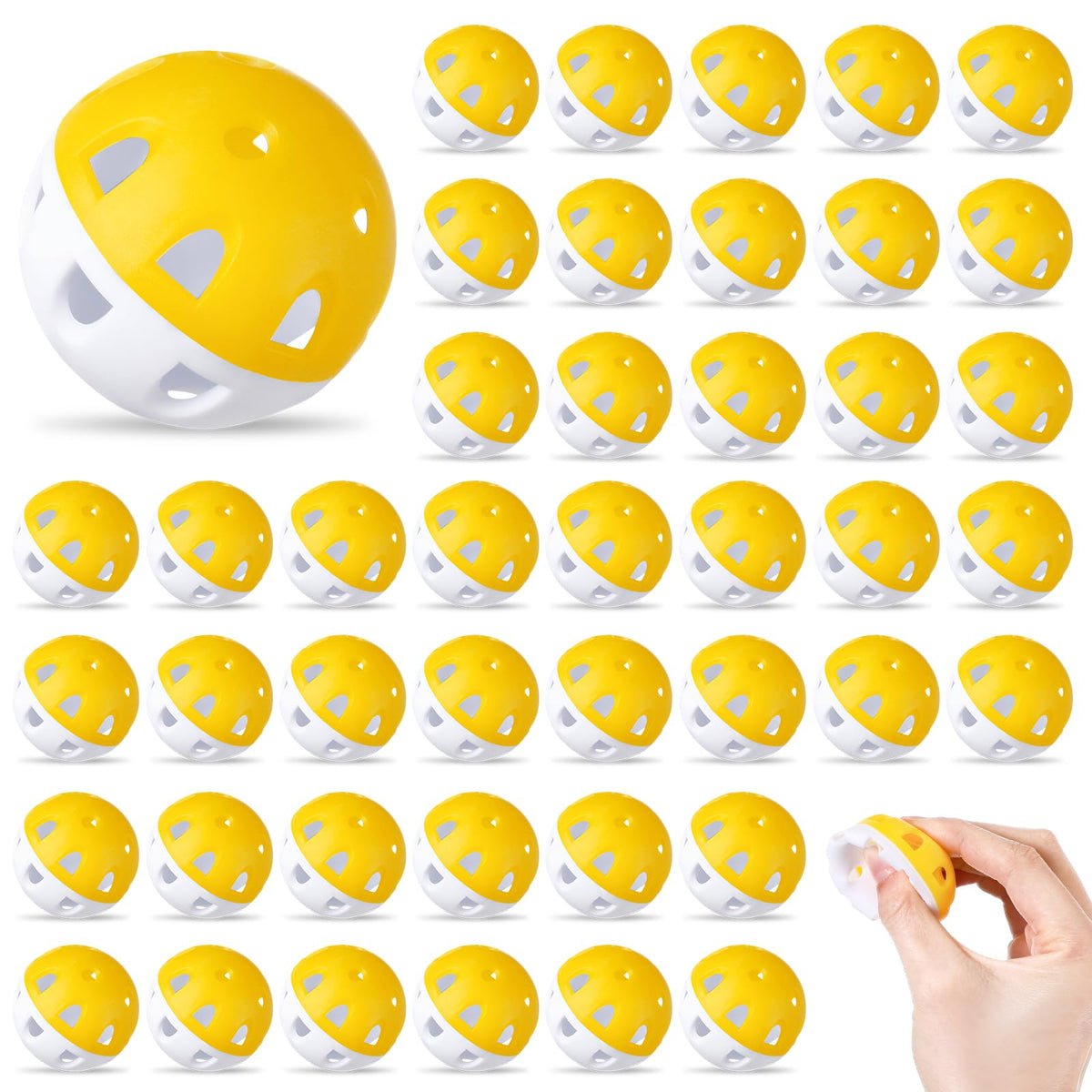 Junkin practice golf ball in bright yellow with 24-hole hollow design for safe indoor use.