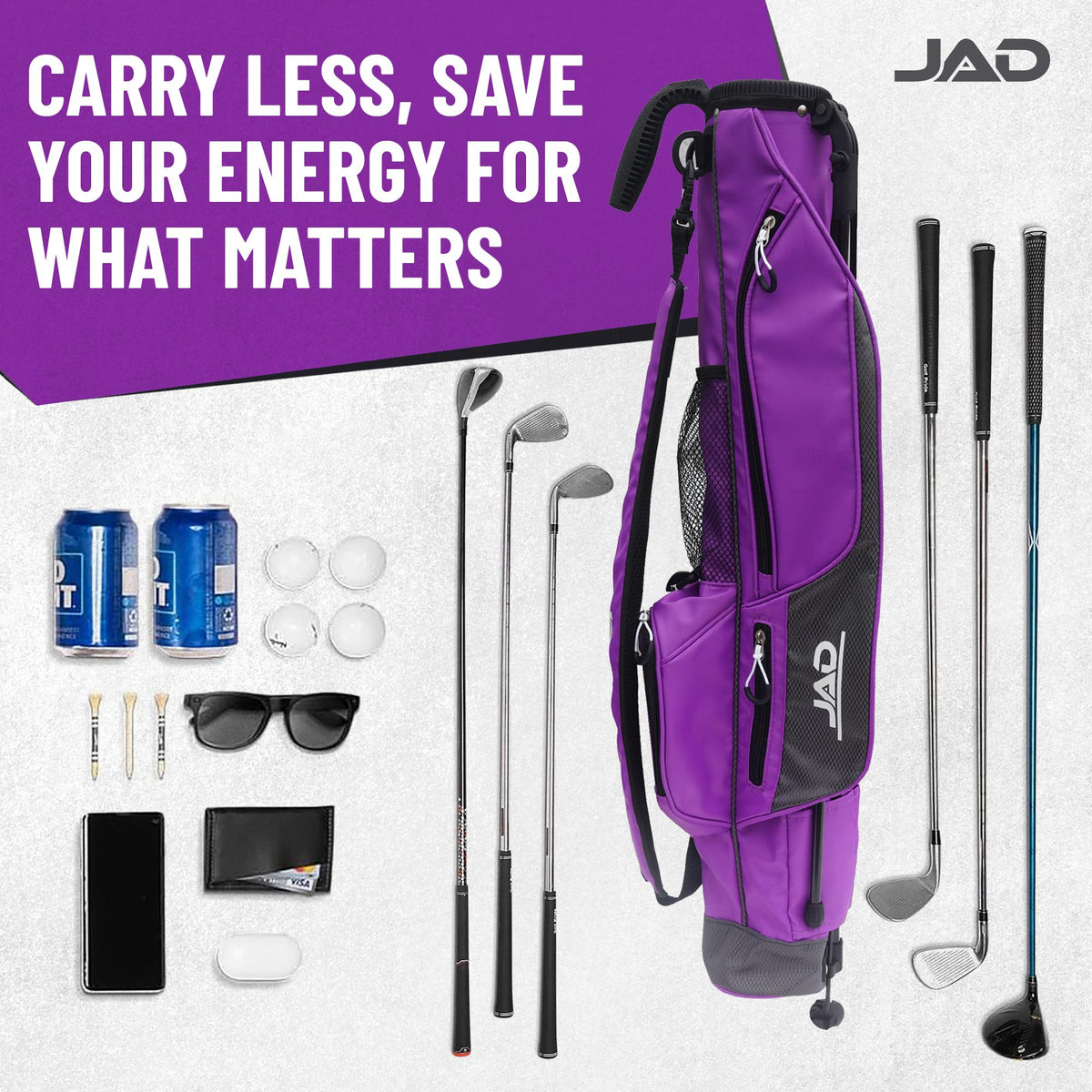 JUST AMAZING DEALS Sunday Golf Bag purple with multiple compartments keeps gear organized.
