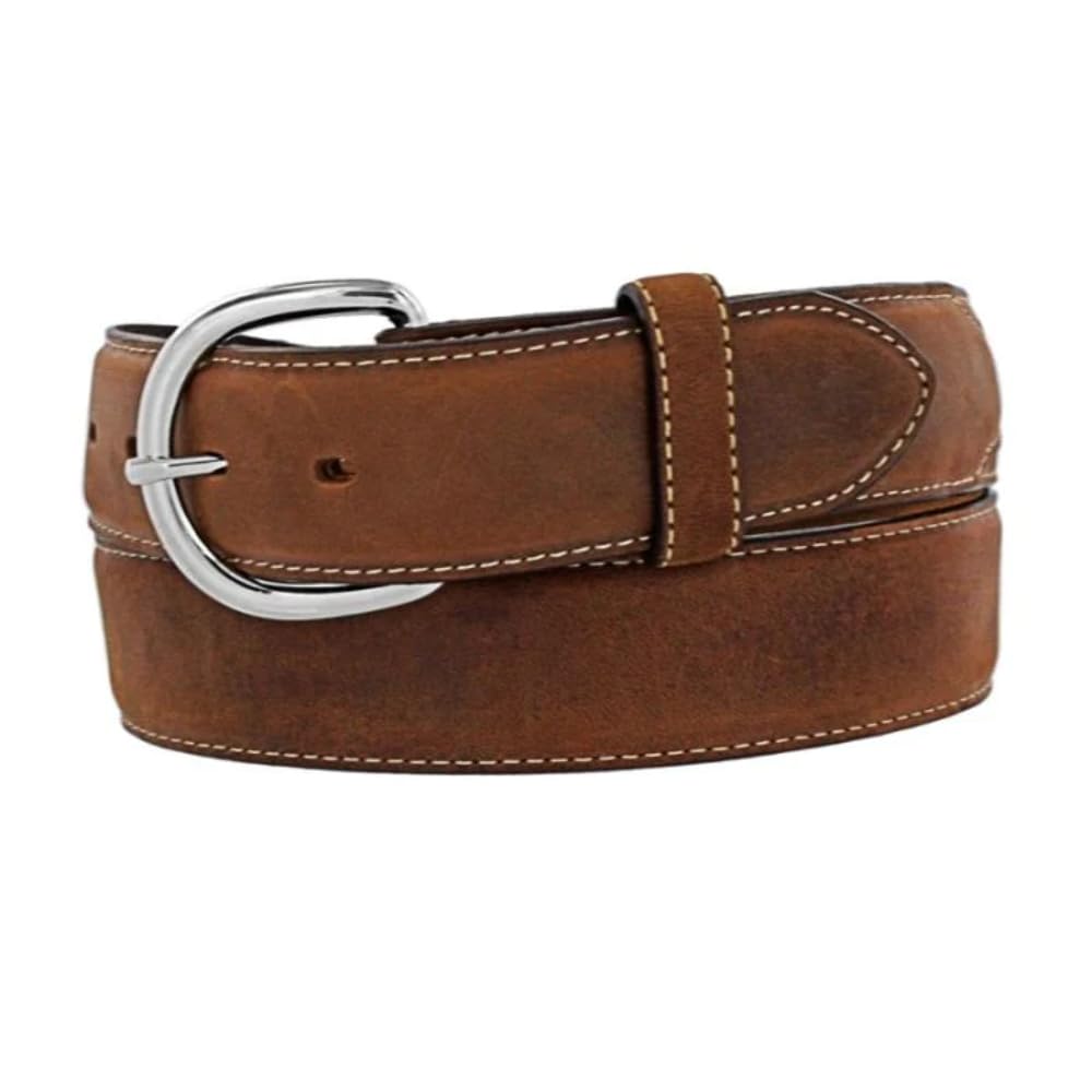 Justin Silver Creek belt buckle closeup with removable D-ring for versatile wear.