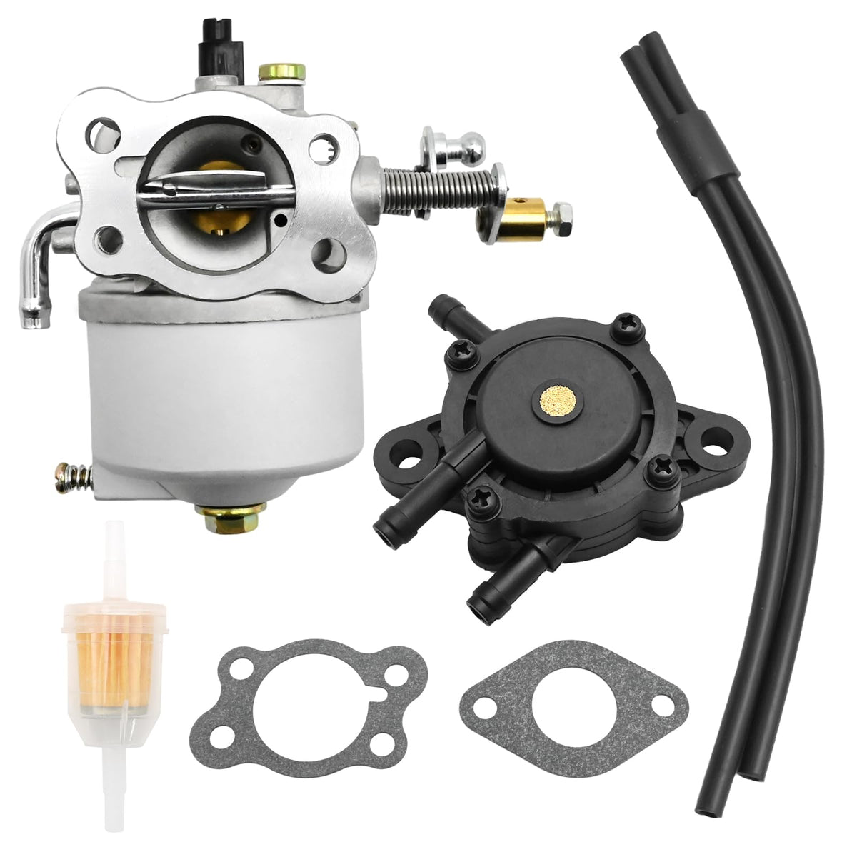 JUUDDENPARTS EZGO carburetor kit packaging contents with fuel filter and gaskets.