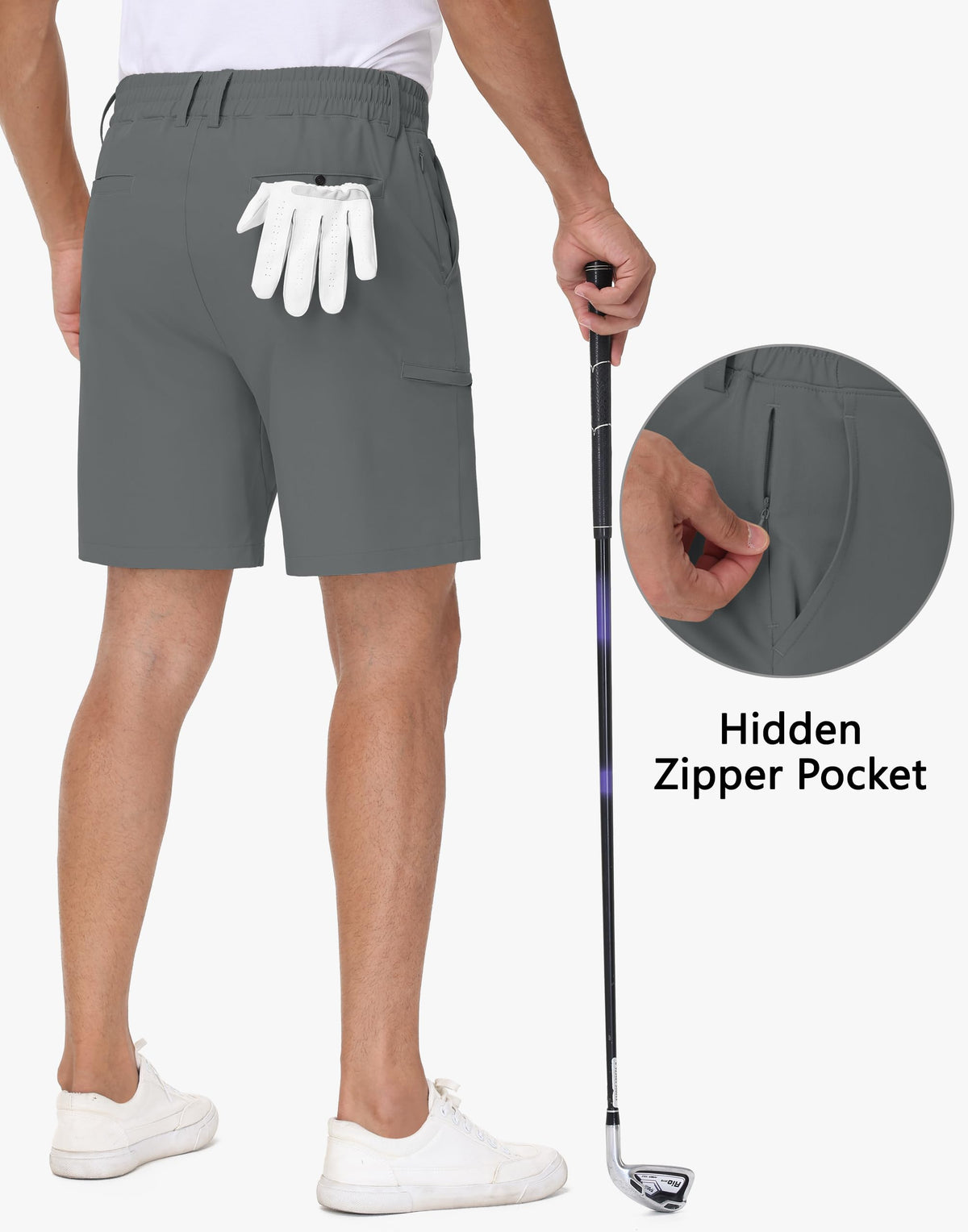 JWM shorts side view shows zip pocket to secure valuables during rounds.