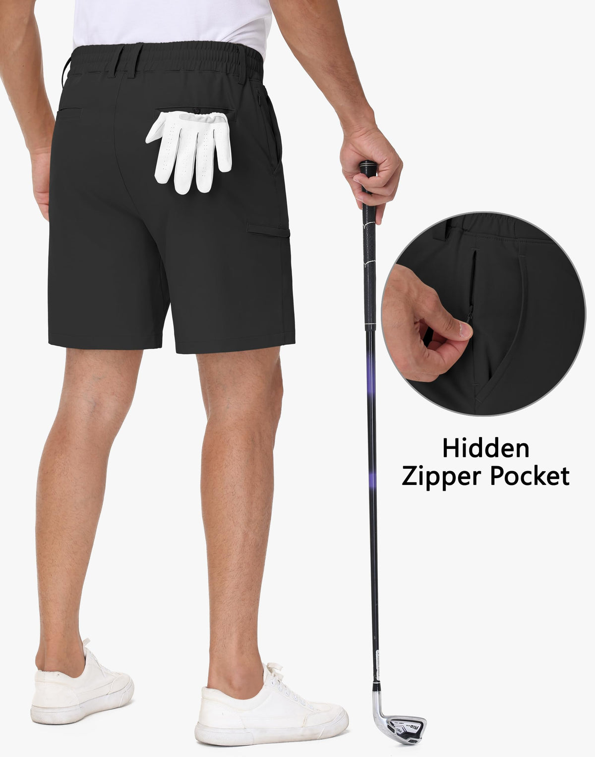 JWM men's 7in golf shorts back view shows pocket layout for secure storage.