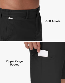 JWM men's 7in golf shorts pocket detail highlights six pockets with secure zipper.