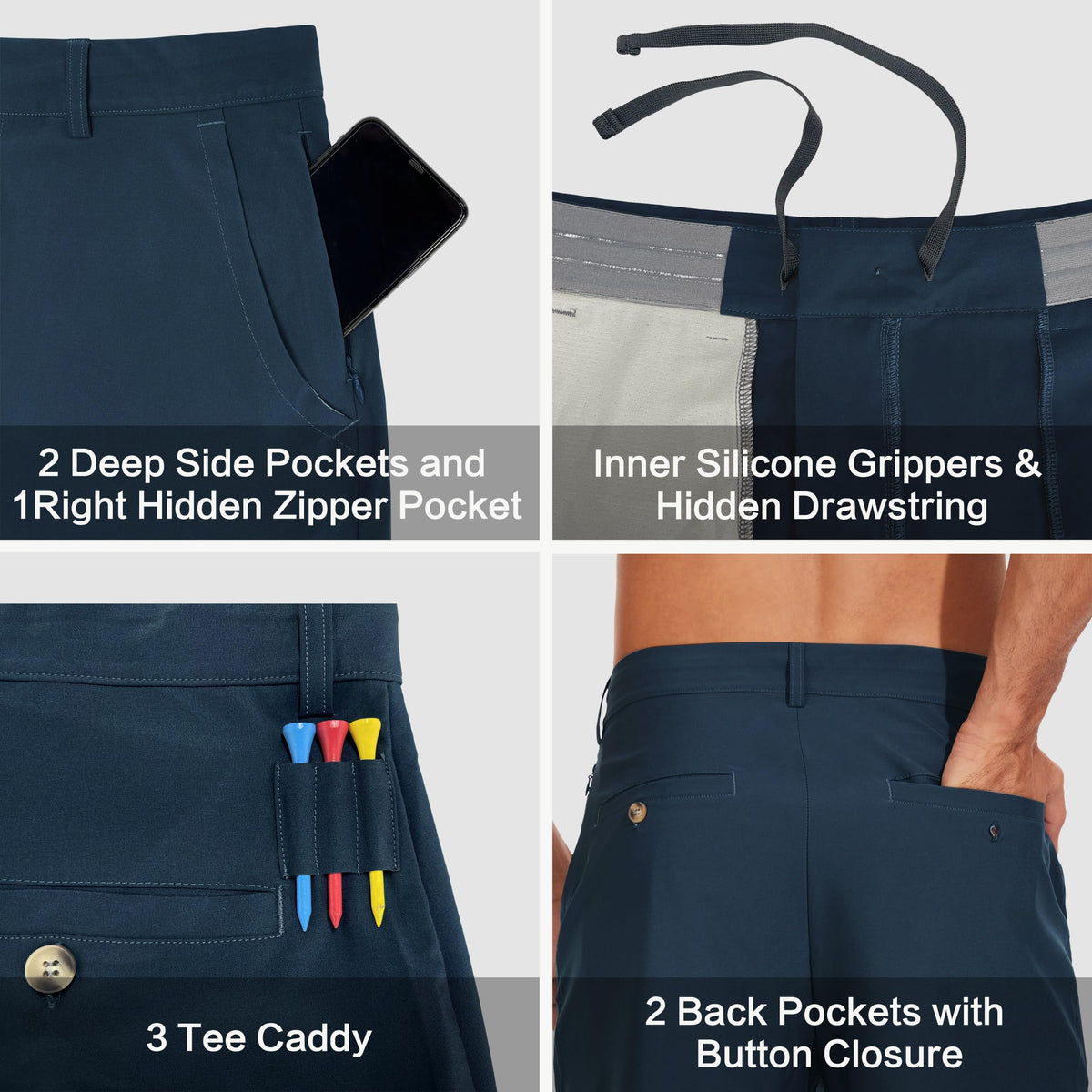 JWM men's 7-inch stretch golf shorts back pocket highlighting durable storage on travel days