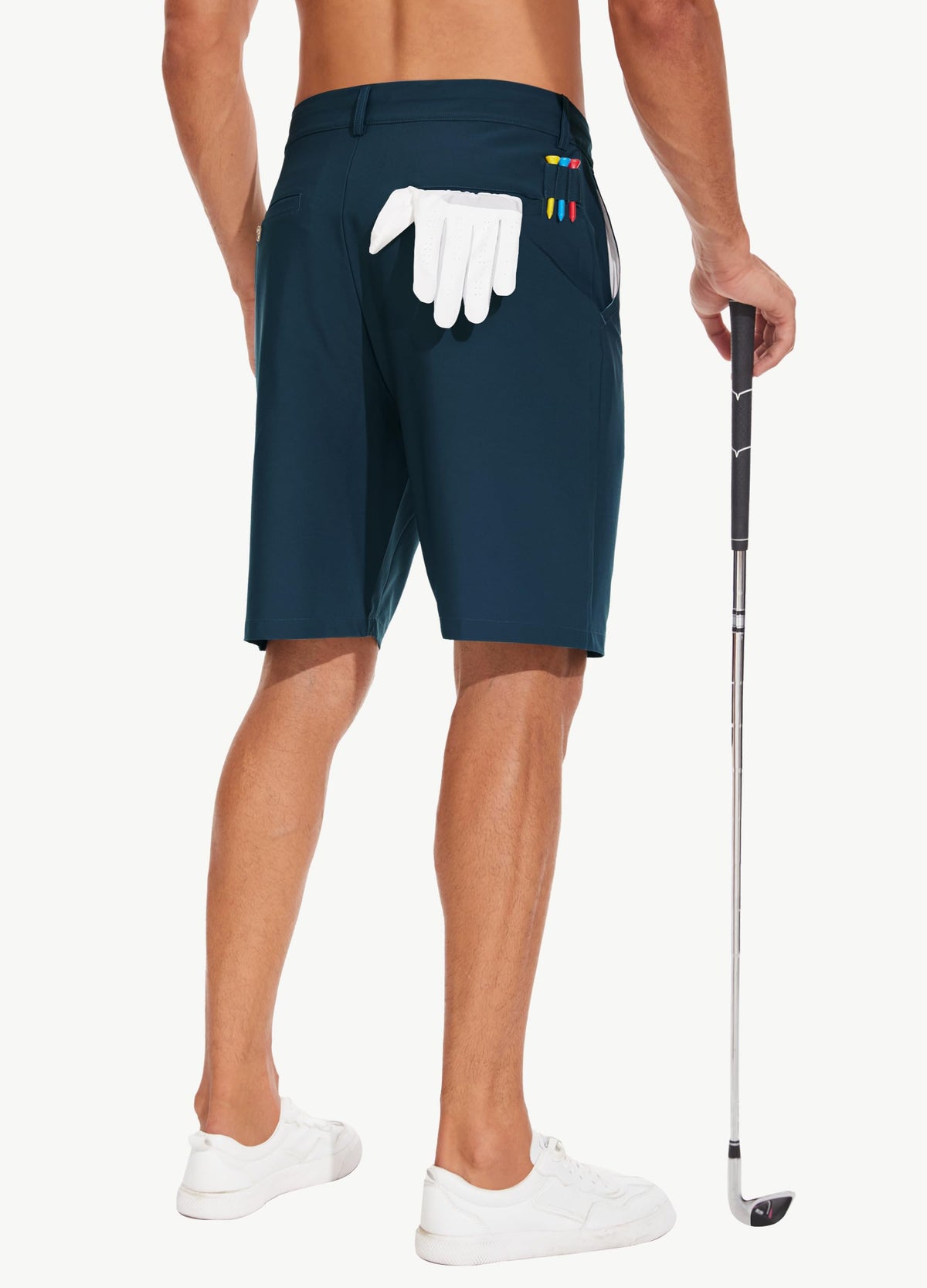 JWM men's 7-inch stretch golf shorts with tee caddy loops in navy for quick tee access on course.