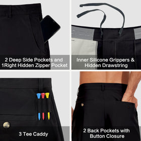 JWM golf shorts, tee loops, quick access tees for on-course convenience.