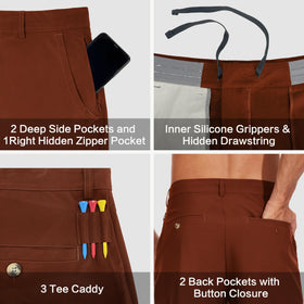 JWM Mens 9in stretch shorts five pockets with invisible zipper for secure essentials.