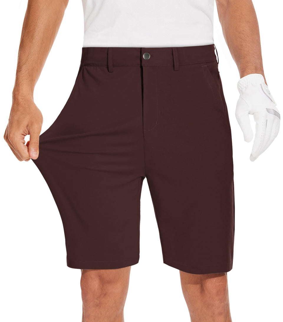 JWM men's 9-inch stretch golf shorts brown front view for all-day comfort