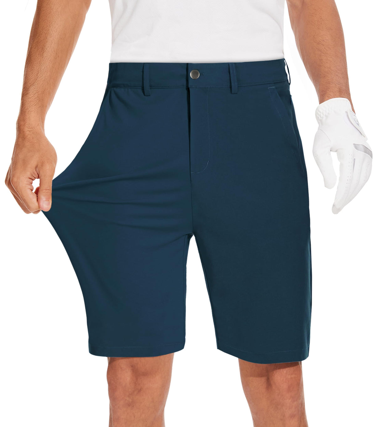 JWM mens 9inch stretch golf shorts with flat front for secure fit and versatile wear.