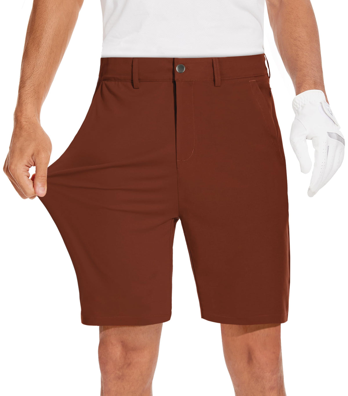 JWM men's 9-inch stretch golf shorts, front view, dark red color.