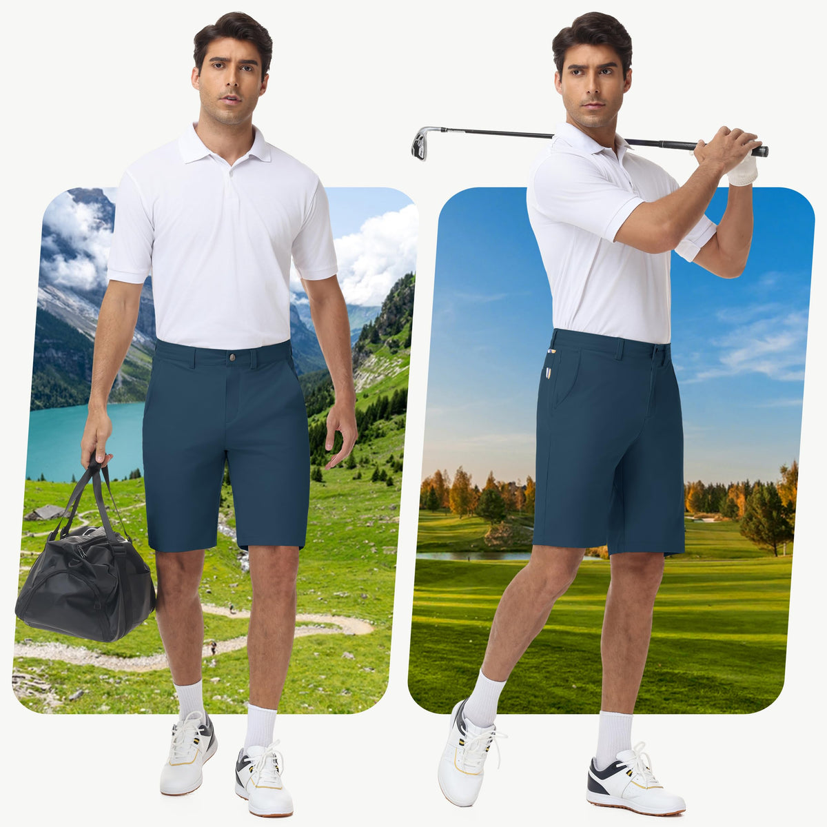 JWM navy shorts featuring rear button-flap pockets for golf balls.