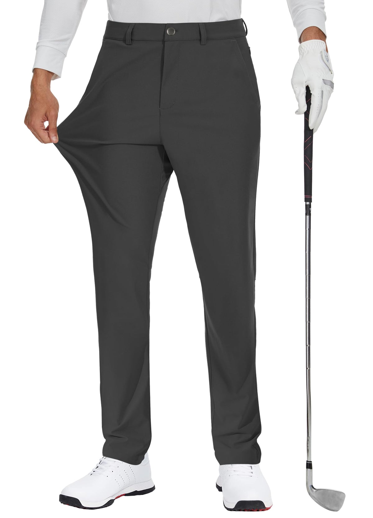 JWM men's golf dress pant front view with tapered fit and mobility