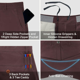 JWM five pockets including a tee caddy provide secure storage during rounds and commutes
