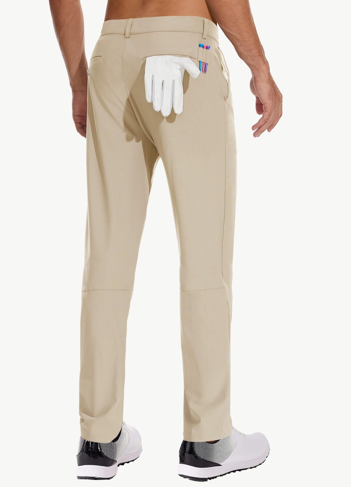 JWM men's golf dress pant stretch back pockets provide roomy carry for valuables.
