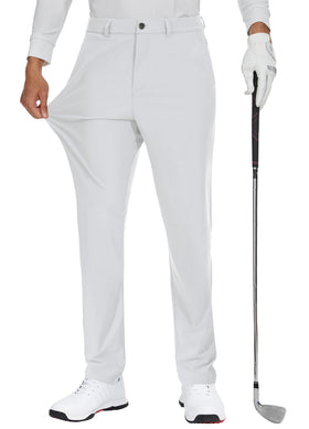 JWM men's golf dress pants front view show flexible stretch for mobility on the course.