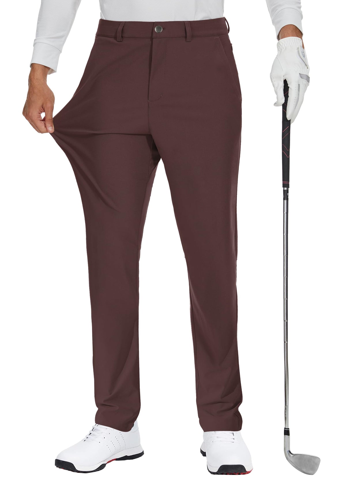 JWM men's golf dress pant stretch front view, enhanced mobility for smooth golf swings.