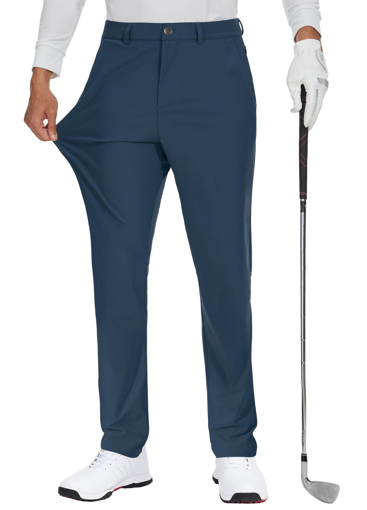 JWM men's golf dress pant stretch front view for improved mobility on the course.
