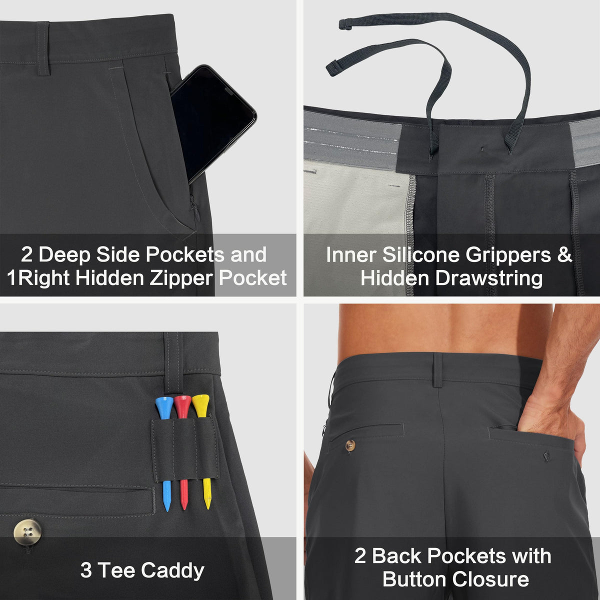JWM golf pant stretch tee caddy and pocket layout for quick access on the course.