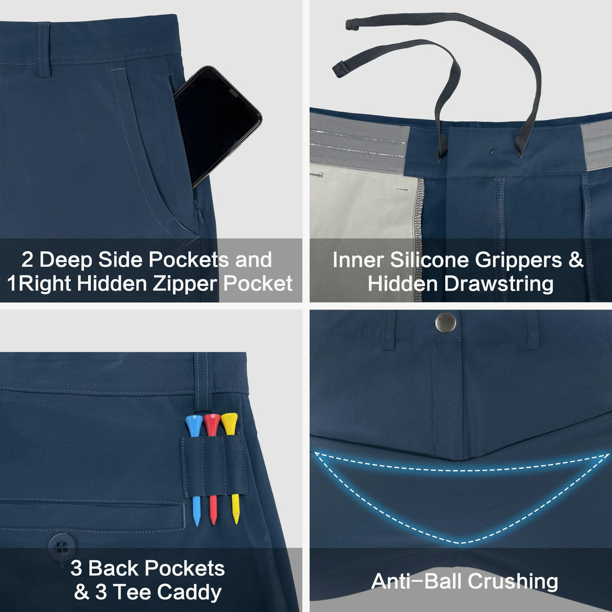 JWM tee caddy location between pockets ideal for quick tee access.