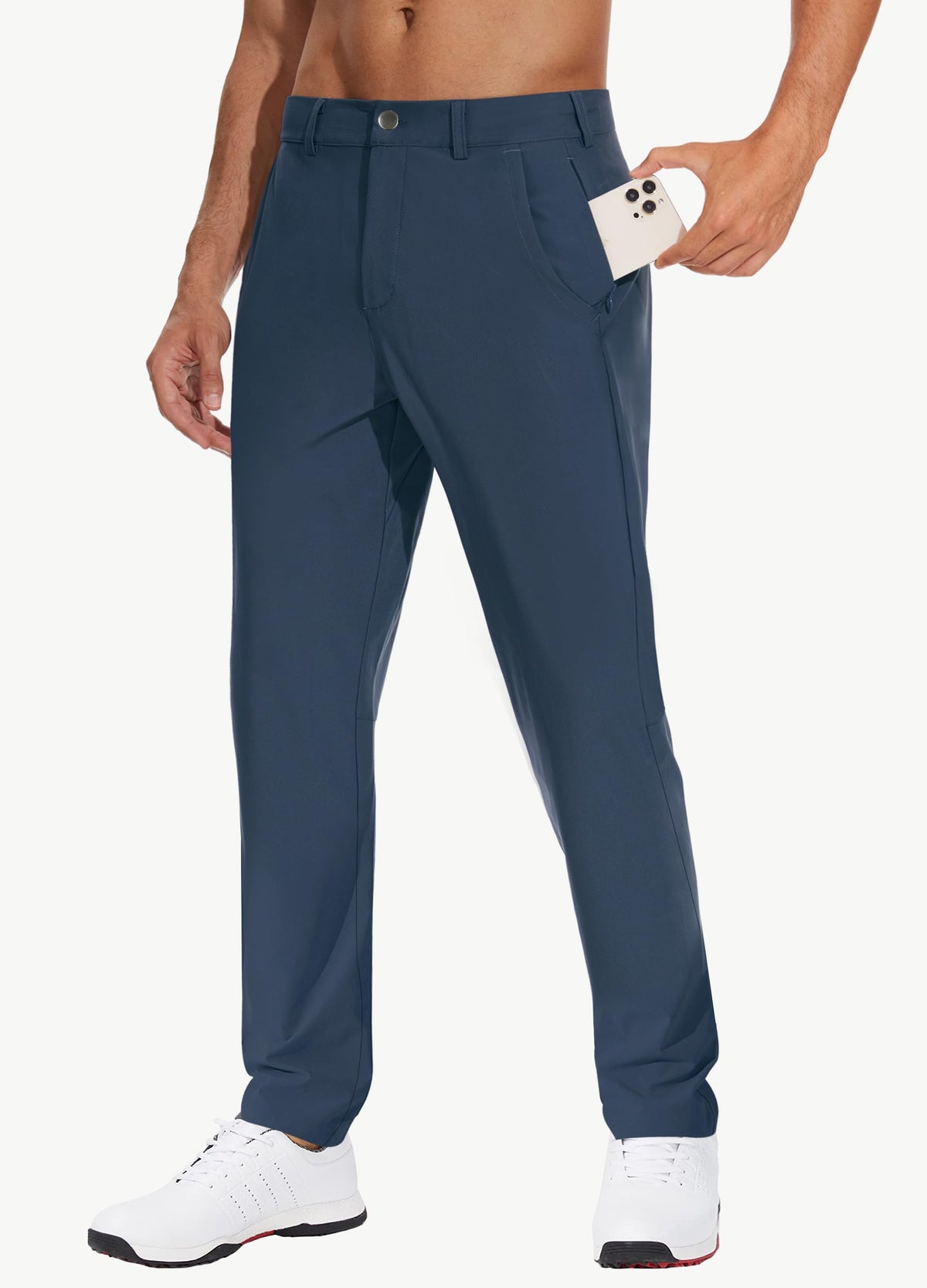 JWM waistband with hidden drawstring image highlighting stay-put comfort and tucked-in shirts.