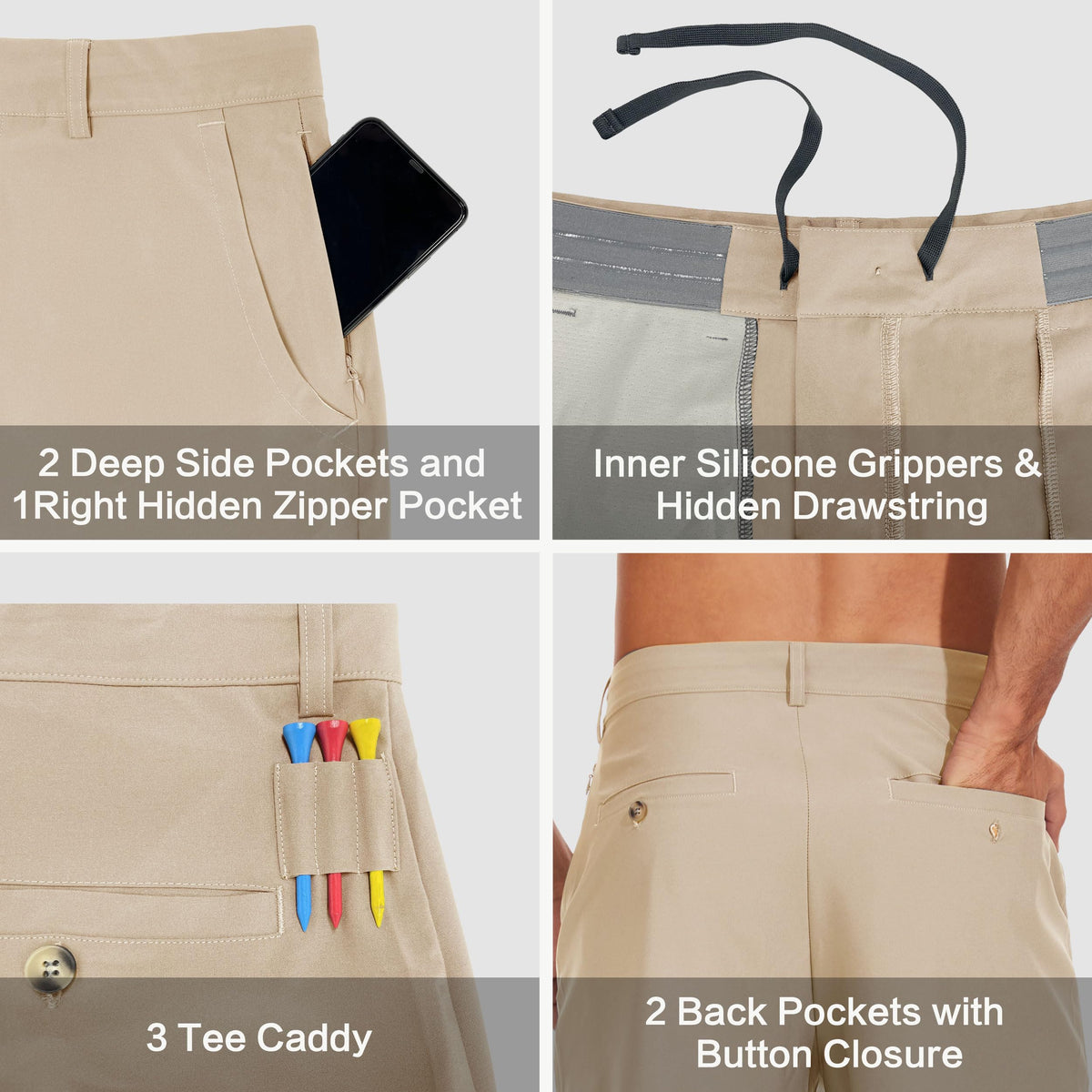 JWM men's golf dress pants tee caddy pocket for quick access on the course.