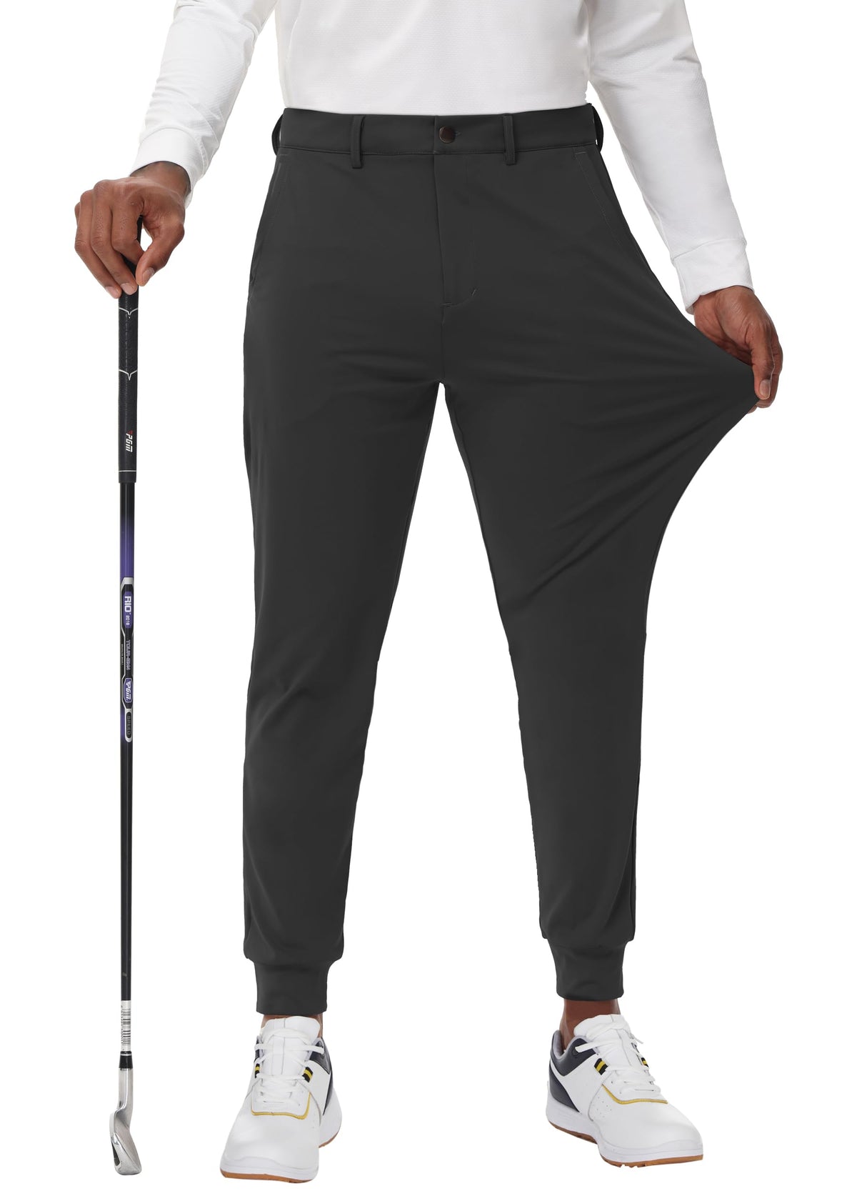 Hidden drawstring and silicone grippers keep shirts tucked during swings.